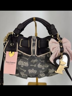Juicy Couture Black & Pale Pink Logo Shoulder Bag with Bow Charm